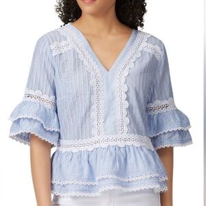 J. Crew Light Blue Lace-Trim Peplum V-Neck Top
